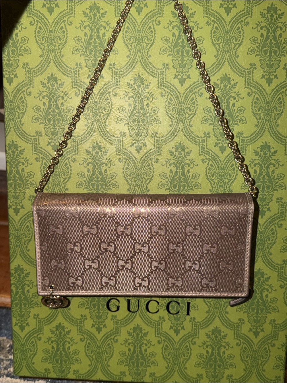 Gucci Metallic Taupe Monogram Chain Mini Shoulder Bag